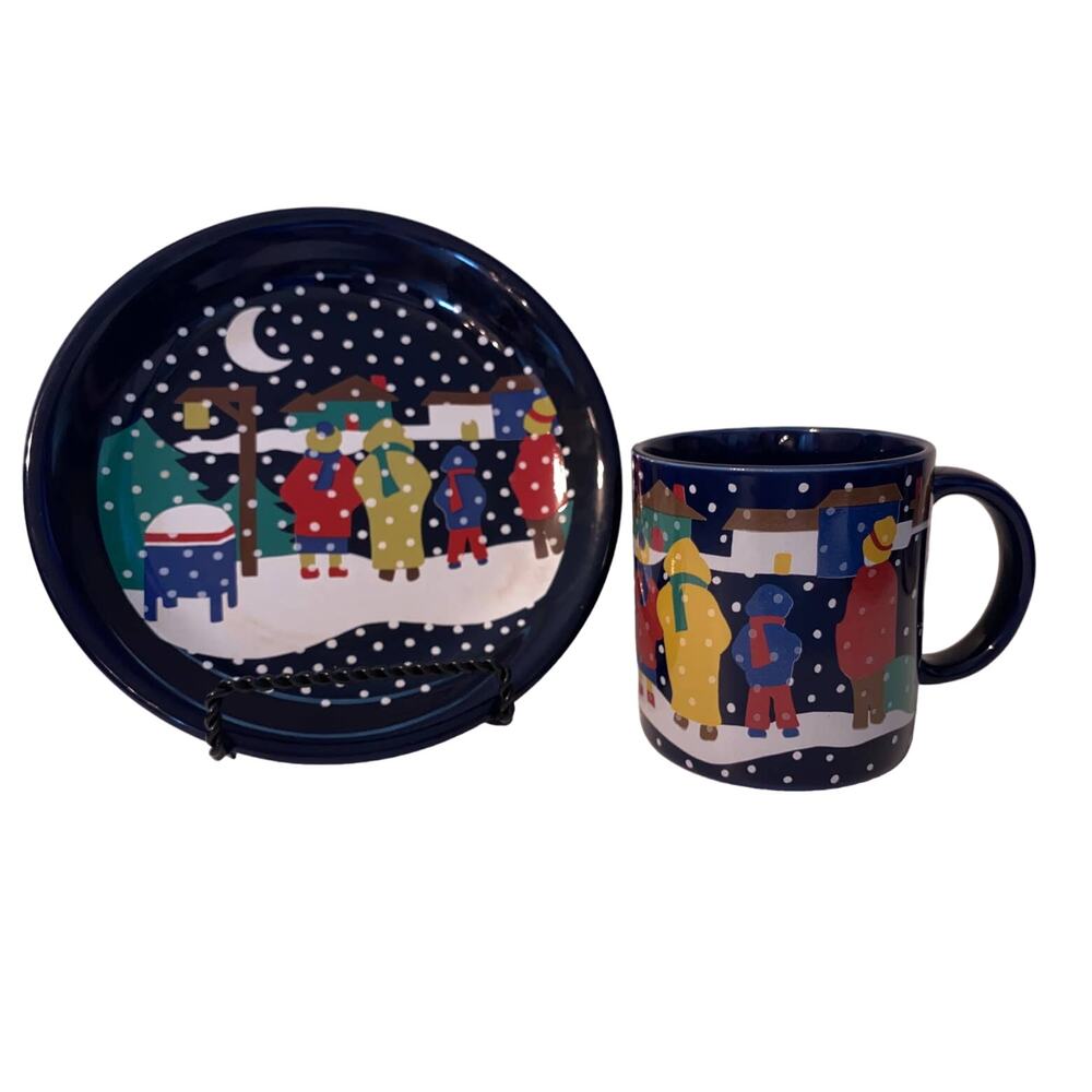 Vintage 1989 Lillian Vernon winter scenes dessert and mug sets, Mailbox,  set/2